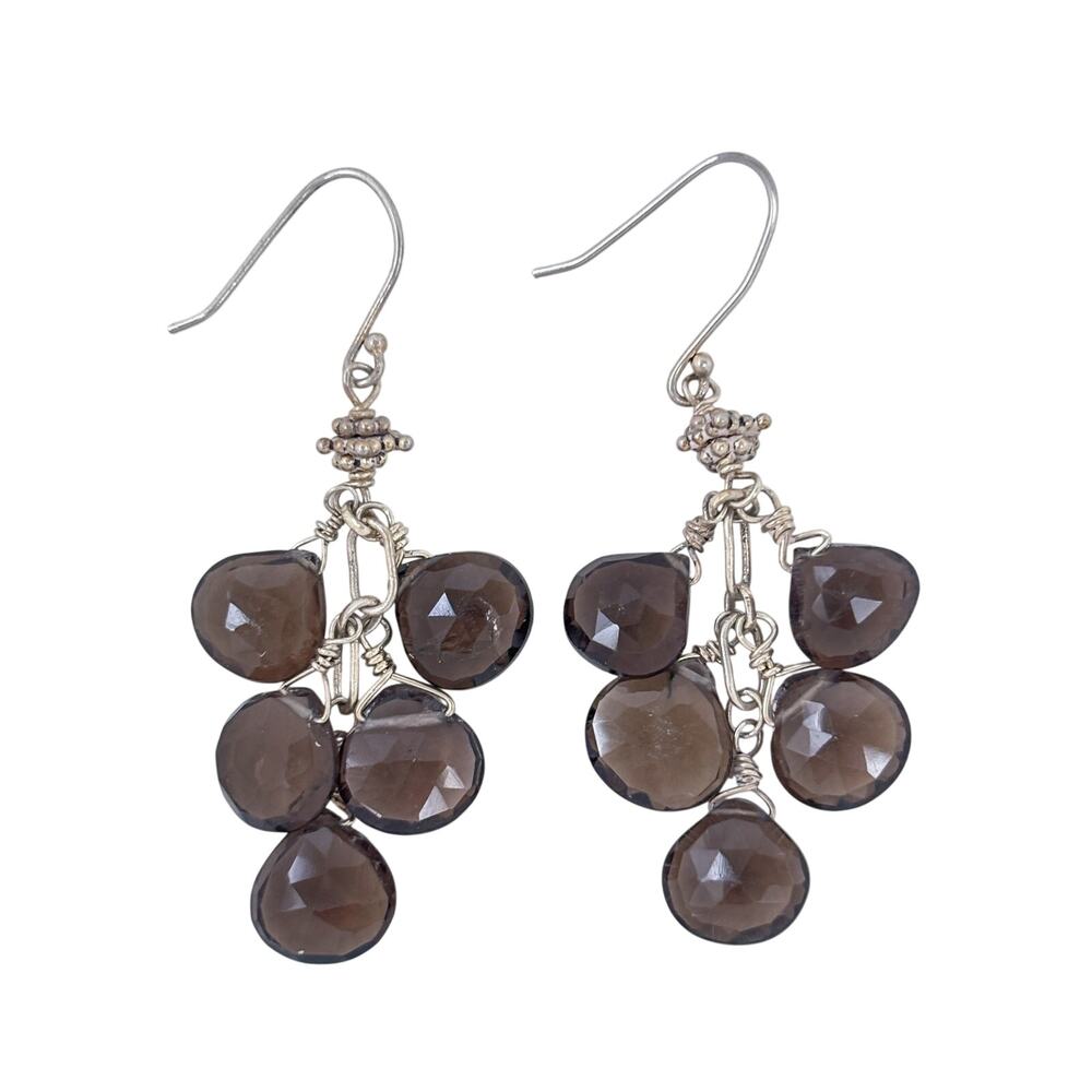 Vintage Sterling Silver 925 Brown Gray Glass Cluster Drop Earrings